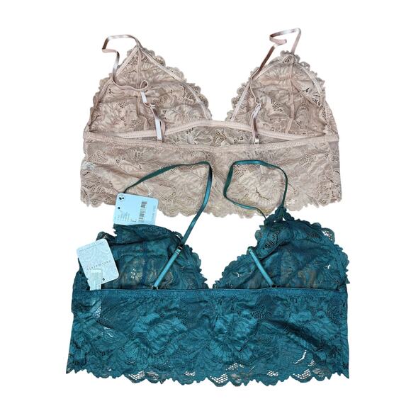Free People Intimately Lace Bralette Set L Nude & Evergreen Floral Sheer Boho - Picture 2 of 4